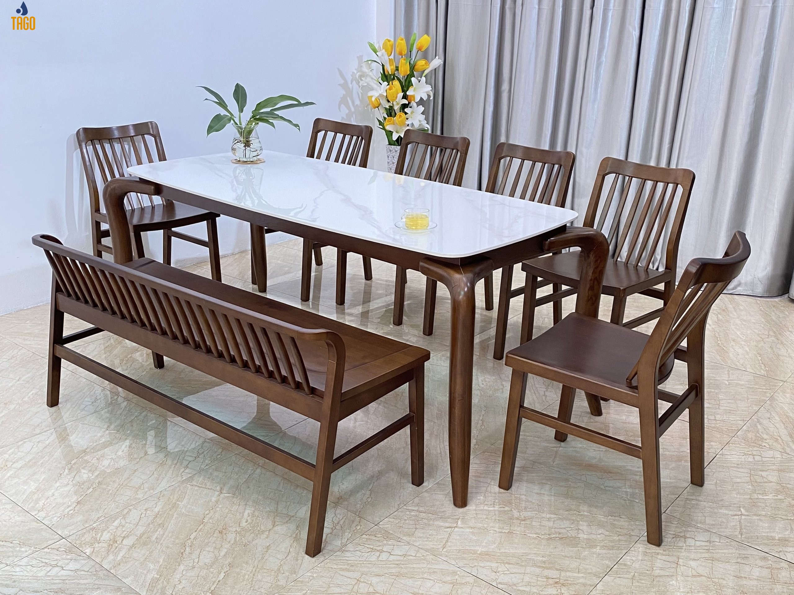 Bộ bàn ăn Đá xuân hè 1,8m 6ghế 1 bench