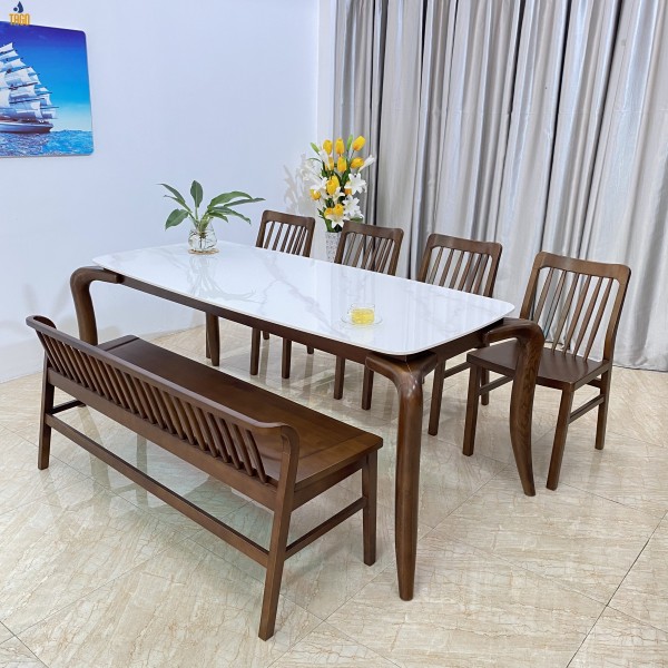 Bộ bàn ăn Đá xuân hè 1,8m 4 ghế 1 bench